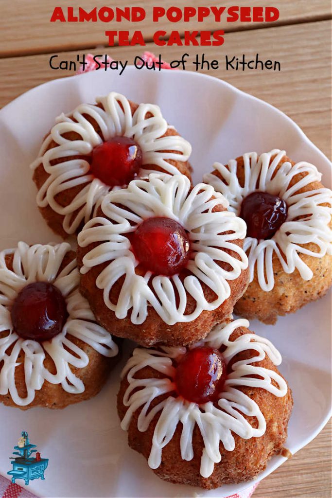 Almond Poppyseed Tea Cakes | Can't Stay Out of the Kitchen | these amazing #TeaCakes are irresistible & mouthwatering. They include both #almond flavoring & #almonds along with #poppyseeds to give flavor & texture to the #cake. These are fantastic for #holiday or #Christmas parties, but delightful enough to make all year long. Prepare to drool over every bite! #dessert #HolidayDessert #AlmondPoppyseedTeaCakes