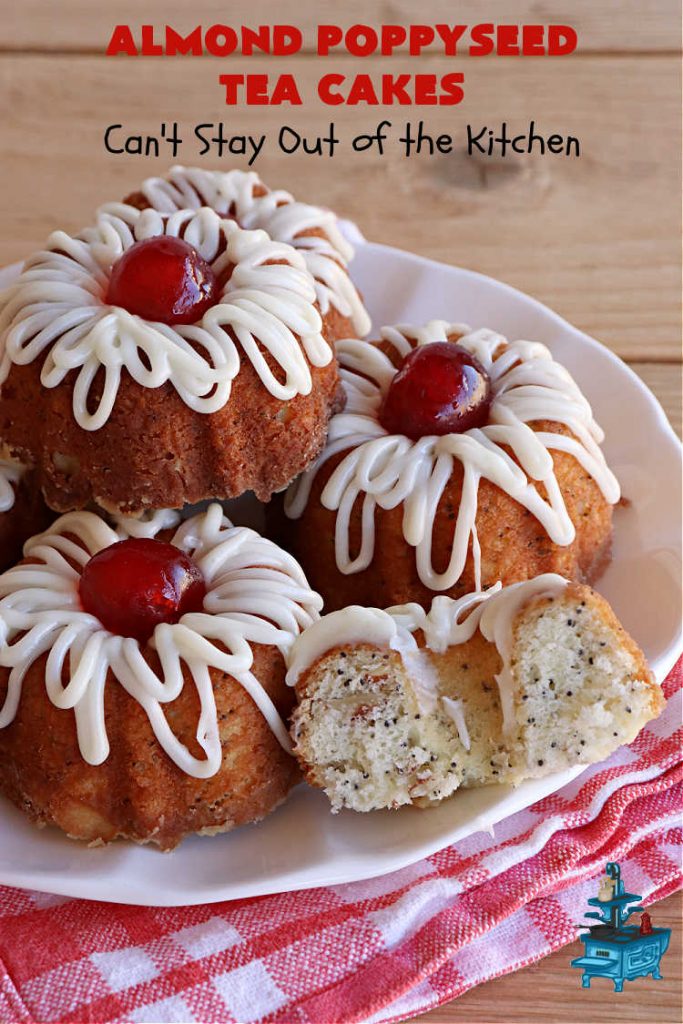 Almond Poppyseed Tea Cakes | Can't Stay Out of the Kitchen | these amazing #TeaCakes are irresistible & mouthwatering. They include both #almond flavoring & #almonds along with #poppyseeds to give flavor & texture to the #cake. These are fantastic for #holiday or #Christmas parties, but delightful enough to make all year long. Prepare to drool over every bite! #dessert #HolidayDessert #AlmondPoppyseedTeaCakes