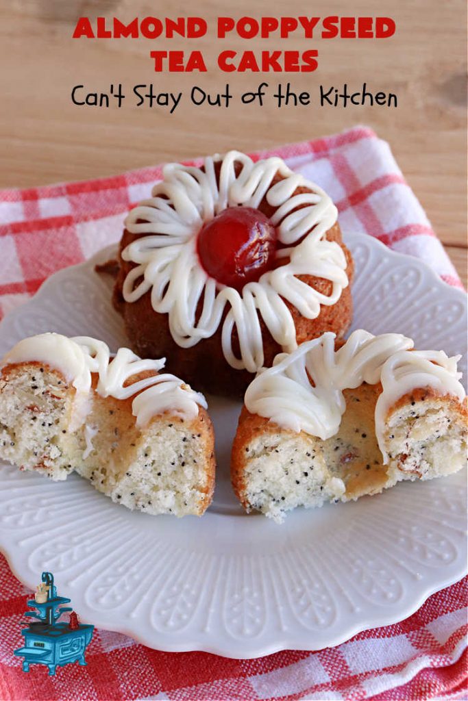 Almond Poppyseed Tea Cakes | Can't Stay Out of the Kitchen | these amazing #TeaCakes are irresistible & mouthwatering. They include both #almond flavoring & #almonds along with #poppyseeds to give flavor & texture to the #cake. These are fantastic for #holiday or #Christmas parties, but delightful enough to make all year long. Prepare to drool over every bite! #dessert #HolidayDessert #AlmondPoppyseedTeaCakes
