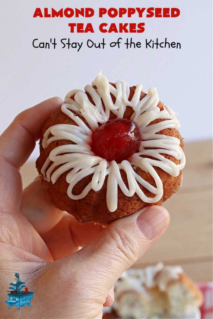 Almond Poppyseed Tea Cakes | Can't Stay Out of the Kitchen | these amazing #TeaCakes are irresistible & mouthwatering. They include both #almond flavoring & #almonds along with #poppyseeds to give flavor & texture to the #cake. These are fantastic for #holiday or #Christmas parties, but delightful enough to make all year long. Prepare to drool over every bite! #dessert #HolidayDessert #AlmondPoppyseedTeaCakes