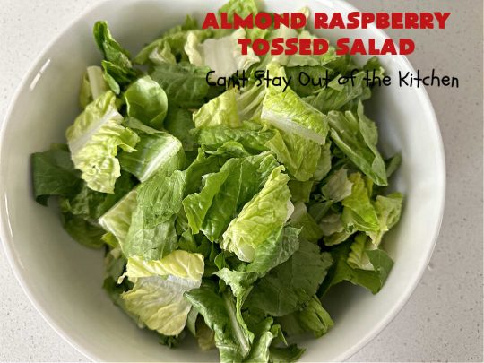 Almond Raspberry Tossed Salad | Can't Stay Out of the Kitchen | This delicious #TossedSalad uses only 4 ingredients in the #salad & 4 in the #SaladDressing. It's so easy to toss together & is the perfect #SideDish for summer #holidays, company dinners, or backyard barbecues. It's also #healthy, #LowCalorie, #GlutenFree & #vegan. #almonds #blueberries #raspberries #AlmondRaspberryTossedSalad