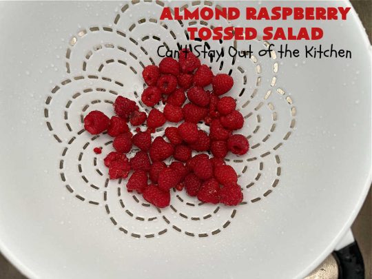 Almond Raspberry Tossed Salad | Can't Stay Out of the Kitchen | This delicious #TossedSalad uses only 4 ingredients in the #salad & 4 in the #SaladDressing. It's so easy to toss together & is the perfect #SideDish for summer #holidays, company dinners, or backyard barbecues. It's also #healthy, #LowCalorie, #GlutenFree & #vegan. #almonds #blueberries #raspberries #AlmondRaspberryTossedSalad