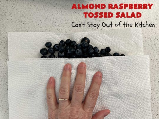 Almond Raspberry Tossed Salad | Can't Stay Out of the Kitchen | This delicious #TossedSalad uses only 4 ingredients in the #salad & 4 in the #SaladDressing. It's so easy to toss together & is the perfect #SideDish for summer #holidays, company dinners, or backyard barbecues. It's also #healthy, #LowCalorie, #GlutenFree & #vegan. #almonds #blueberries #raspberries #AlmondRaspberryTossedSalad