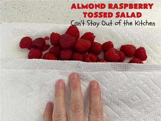 Almond Raspberry Tossed Salad | Can't Stay Out of the Kitchen | This delicious #TossedSalad uses only 4 ingredients in the #salad & 4 in the #SaladDressing. It's so easy to toss together & is the perfect #SideDish for summer #holidays, company dinners, or backyard barbecues. It's also #healthy, #LowCalorie, #GlutenFree & #vegan. #almonds #blueberries #raspberries #AlmondRaspberryTossedSalad