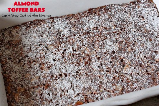 Almond Toffee Bars | Can't Stay Out of the Kitchen | each delicious bar-type #cookie is filled with #toffee, #coconut & #almonds. They're irresistible & so delicious. #dessert #AlmondDessert #ToffeeDessert #HolidayDessert #ValentinesDayDessert #SuperBowlDessert #Tailgating
