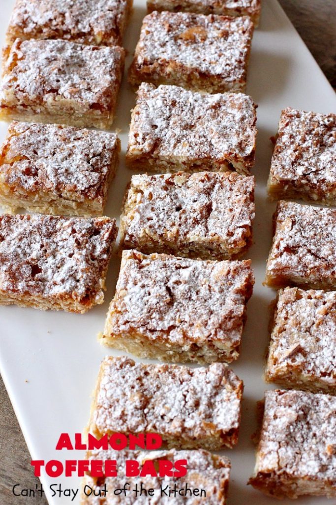 Almond Toffee Bars | Can't Stay Out of the Kitchen | each delicious bar-type #cookie is filled with #toffee, #coconut & #almonds. They're irresistible & so delicious. #dessert #AlmondDessert #ToffeeDessert #HolidayDessert #ValentinesDayDessert #SuperBowlDessert #Tailgating