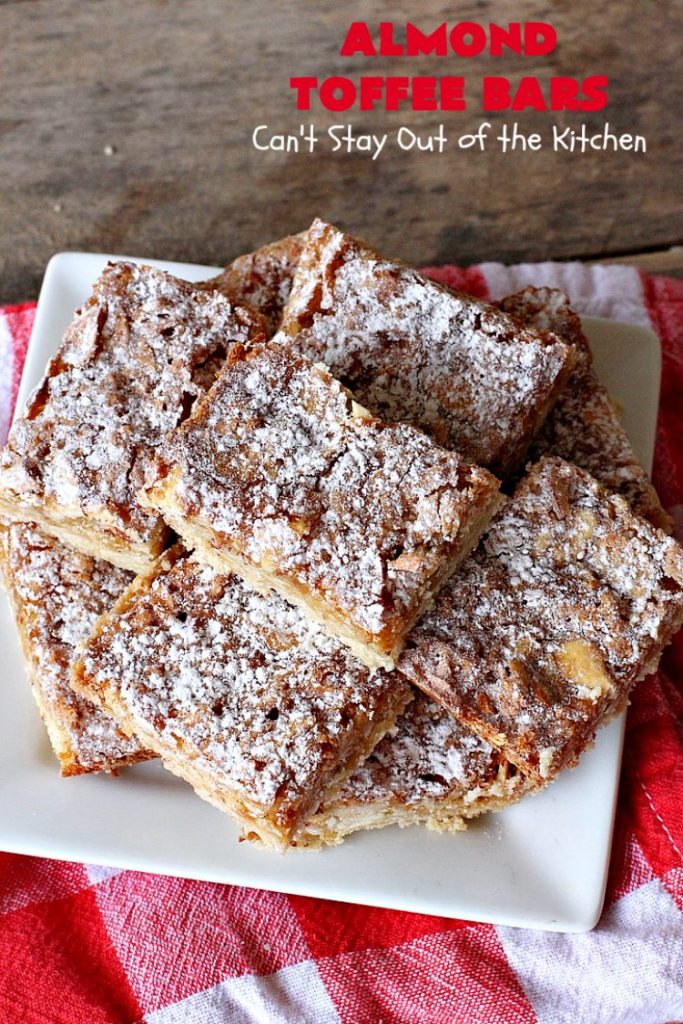 Almond Toffee Bars | Can't Stay Out of the Kitchen | each delicious bar-type #cookie is filled with #toffee, #coconut & #almonds. They're irresistible & so delicious. #dessert #AlmondDessert #ToffeeDessert #HolidayDessert #ValentinesDayDessert #SuperBowlDessert #Tailgating