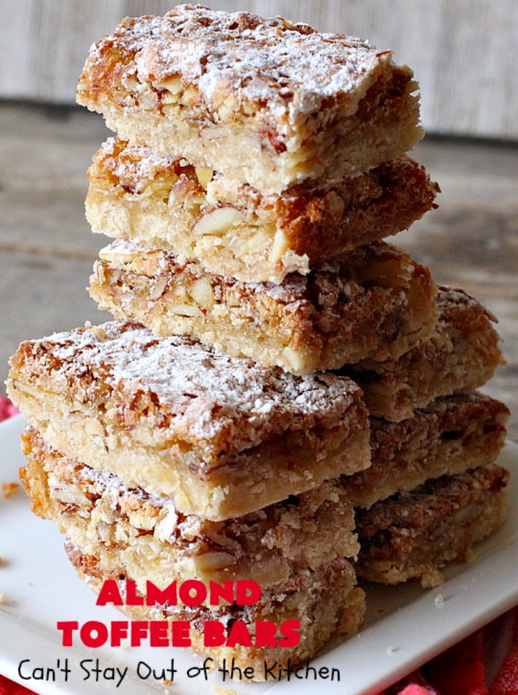Almond Toffee Bars | Can't Stay Out of the Kitchen | each delicious bar-type #cookie is filled with #toffee, #coconut & #almonds. They're irresistible & so delicious. #dessert #AlmondDessert #ToffeeDessert #HolidayDessert #ValentinesDayDessert #SuperBowlDessert #Tailgating