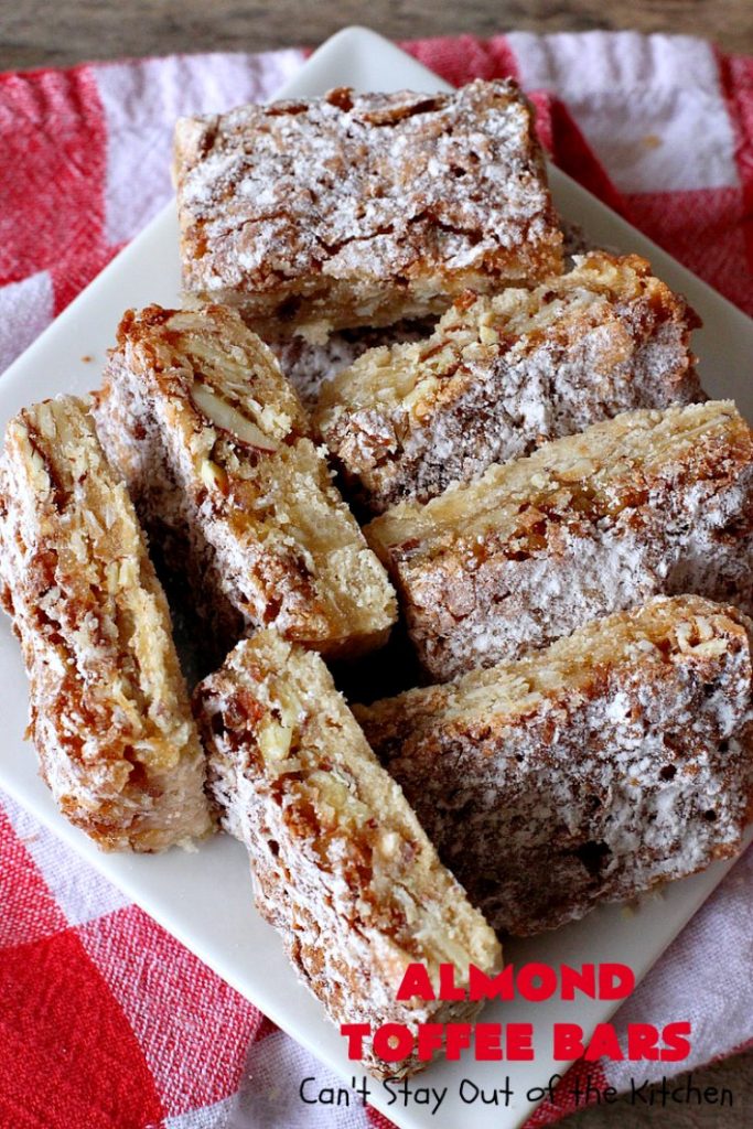 Almond Toffee Bars | Can't Stay Out of the Kitchen | each delicious bar-type #cookie is filled with #toffee, #coconut & #almonds. They're irresistible & so delicious. #dessert #AlmondDessert #ToffeeDessert #HolidayDessert #ValentinesDayDessert #SuperBowlDessert #Tailgating