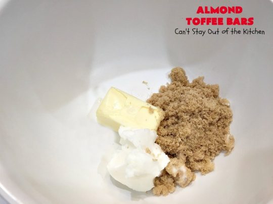 Almond Toffee Bars | Can't Stay Out of the Kitchen | each delicious bar-type #cookie is filled with #toffee, #coconut & #almonds. They're irresistible & so delicious. #dessert #AlmondDessert #ToffeeDessert #HolidayDessert #ValentinesDayDessert #SuperBowlDessert #Tailgating