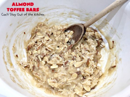 Almond Toffee Bars | Can't Stay Out of the Kitchen | each delicious bar-type #cookie is filled with #toffee, #coconut & #almonds. They're irresistible & so delicious. #dessert #AlmondDessert #ToffeeDessert #HolidayDessert #ValentinesDayDessert #SuperBowlDessert #Tailgating