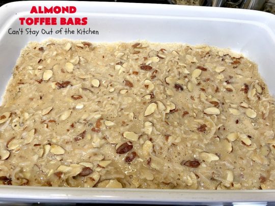 Almond Toffee Bars | Can't Stay Out of the Kitchen | each delicious bar-type #cookie is filled with #toffee, #coconut & #almonds. They're irresistible & so delicious. #dessert #AlmondDessert #ToffeeDessert #HolidayDessert #ValentinesDayDessert #SuperBowlDessert #Tailgating