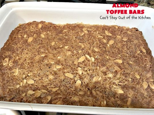 Almond Toffee Bars | Can't Stay Out of the Kitchen | each delicious bar-type #cookie is filled with #toffee, #coconut & #almonds. They're irresistible & so delicious. #dessert #AlmondDessert #ToffeeDessert #HolidayDessert #ValentinesDayDessert #SuperBowlDessert #Tailgating