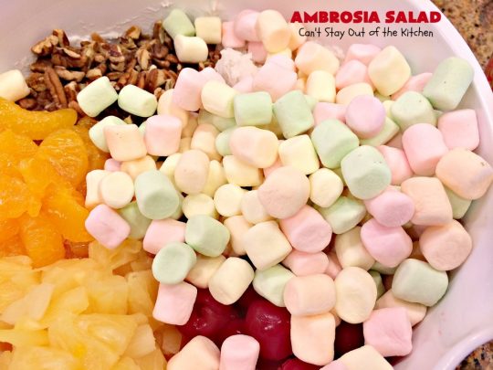 Ambrosia Salad | Can't Stay Out of the Kitchen | this heavenly #fruit #salad is perfect for summer #holidays like the #FourthofJuly or #LaborDay. The flavors are divine and it's quick & easy. #cherries #pineapple #glutenfree #ambrosia