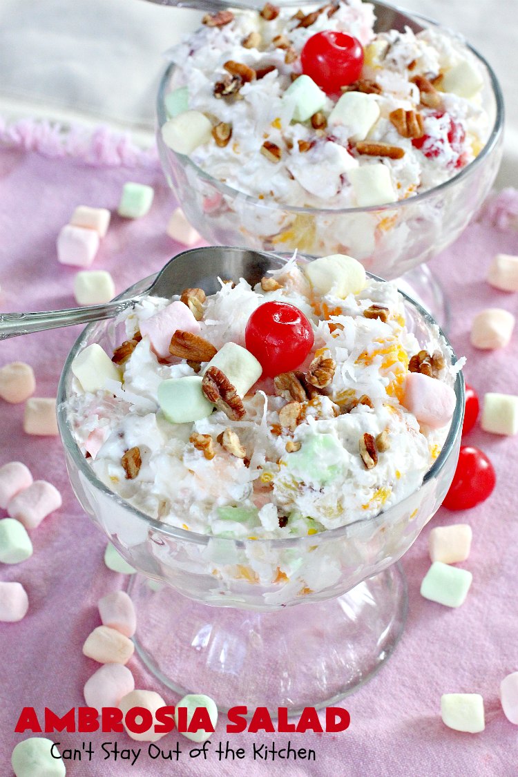 Ambrosia Salad | Can't Stay Out of the Kitchen | this heavenly #fruit #salad is perfect for summer #holidays like the #FourthofJuly or #LaborDay. The flavors are divine and it's quick & easy. #cherries #pineapple #glutenfree #ambrosia
