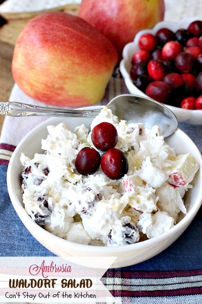 Ambrosia Waldorf Salad | Can't Stay Out of the Kitchen | this marvelous fluffy & fruity #salad has always been a family favorite for the #holidays. #Cranberries provide zest and it also includes #grapes #pineapple and #apples.