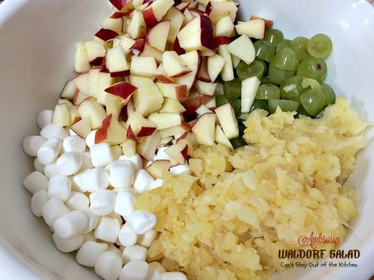 Ambrosia Waldorf Salad | Can't Stay Out of the Kitchen | this marvelous fluffy & fruity #salad has always been a family favorite for the #holidays. #Cranberries provide zest and it also includes #grapes #pineapple and #apples.