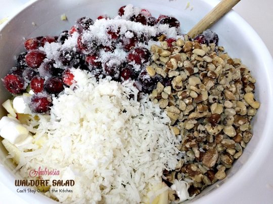 Ambrosia Waldorf Salad | Can't Stay Out of the Kitchen | this marvelous fluffy & fruity #salad has always been a family favorite for the #holidays. #Cranberries provide zest and it also includes #grapes #pineapple and #apples.