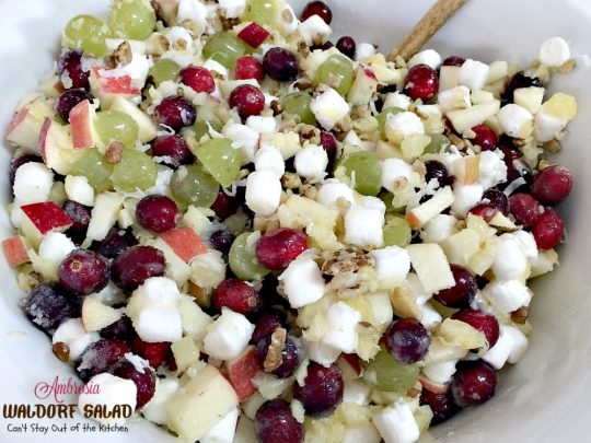 Ambrosia Waldorf Salad | Can't Stay Out of the Kitchen | this marvelous fluffy & fruity #salad has always been a family favorite for the #holidays. #Cranberries provide zest and it also includes #grapes #pineapple and #apples.