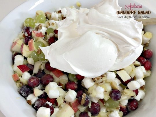 Ambrosia Waldorf Salad | Can't Stay Out of the Kitchen | this marvelous fluffy & fruity #salad has always been a family favorite for the #holidays. #Cranberries provide zest and it also includes #grapes #pineapple and #apples.