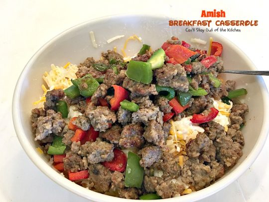 Amish Breakfast Casserole | Can't Stay Out of the Kitchen | one of the tastiest most delightful #breakfast #casseroles ever! This one uses 2 meats and 3 cheeses! Fabulous for #holiday breakfasts.