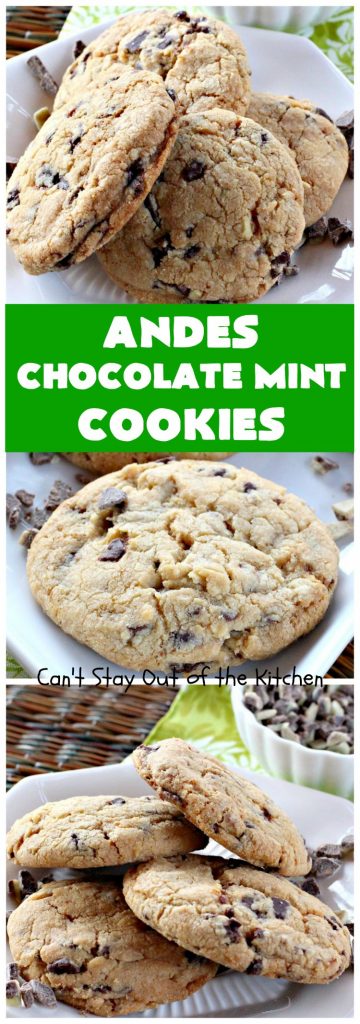 Andes Chocolate Mint Cookies | Can't Stay Out of the Kitchen | these spectacular #cookies start with #MrsFieldsChocolateChipCookie dough & add #AndesChocolateMints. They are rich, decadent & heavenly. If you enjoy the flavors of #chocolate & #mint, you'll adore this #dessert. #tailgating #ChocolateDessert #MintDessert #AndesChocolateMintCookies #ChristmasCookieExchange