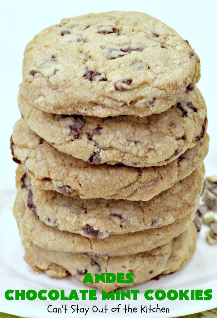 Andes Chocolate Mint Cookies | Can't Stay Out of the Kitchen | these spectacular #cookies start with #MrsFieldsChocolateChipCookie dough & add #AndesChocolateMints. They are rich, decadent & heavenly. If you enjoy the flavors of #chocolate & #mint, you'll adore this #dessert. #tailgating #ChocolateDessert #MintDessert #AndesChocolateMintCookies #ChristmasCookieExchange