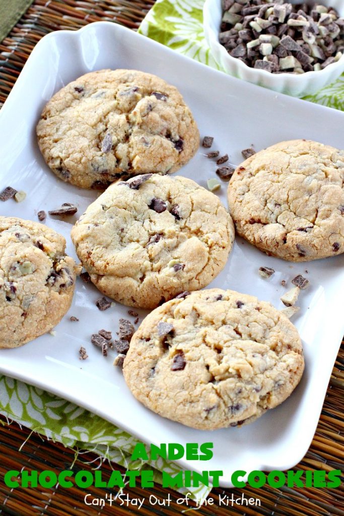 Andes Chocolate Mint Cookies | Can't Stay Out of the Kitchen | these spectacular #cookies start with #MrsFieldsChocolateChipCookie dough & add #AndesChocolateMints. They are rich, decadent & heavenly. If you enjoy the flavors of #chocolate & #mint, you'll adore this #dessert. #tailgating #ChocolateDessert #MintDessert #AndesChocolateMintCookies #ChristmasCookieExchange