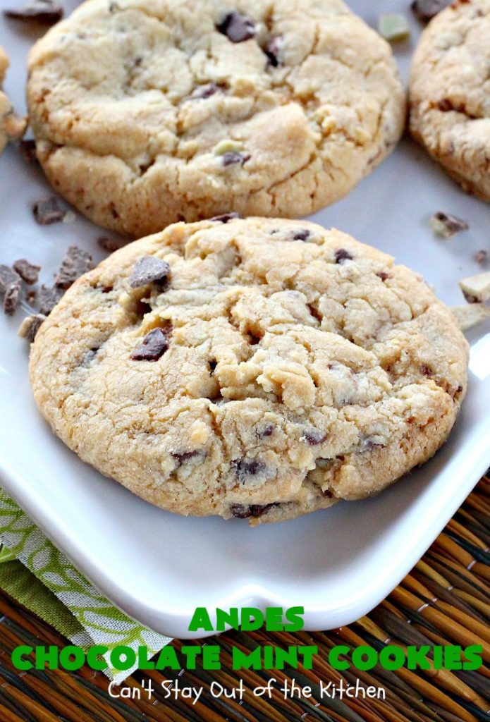 Andes Chocolate Mint Cookies | Can't Stay Out of the Kitchen | these spectacular #cookies start with #MrsFieldsChocolateChipCookie dough & add #AndesChocolateMints. They are rich, decadent & heavenly. If you enjoy the flavors of #chocolate & #mint, you'll adore this #dessert. #tailgating #ChocolateDessert #MintDessert #AndesChocolateMintCookies #ChristmasCookieExchange