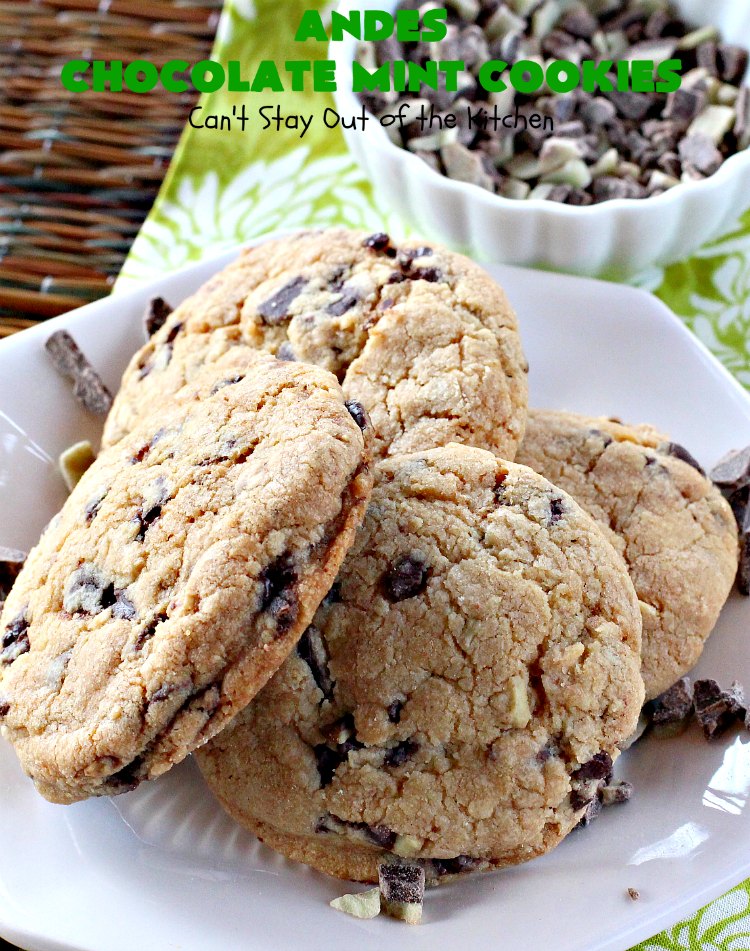 Andes Chocolate Mint Cookies | Can't Stay Out of the Kitchen | these spectacular #cookies start with #MrsFieldsChocolateChipCookie dough & add #AndesChocolateMints. They are rich, decadent & heavenly. If you enjoy the flavors of #chocolate & #mint, you'll adore this #dessert. #tailgating #ChocolateDessert #MintDessert #AndesChocolateMintCookies #ChristmasCookieExchange