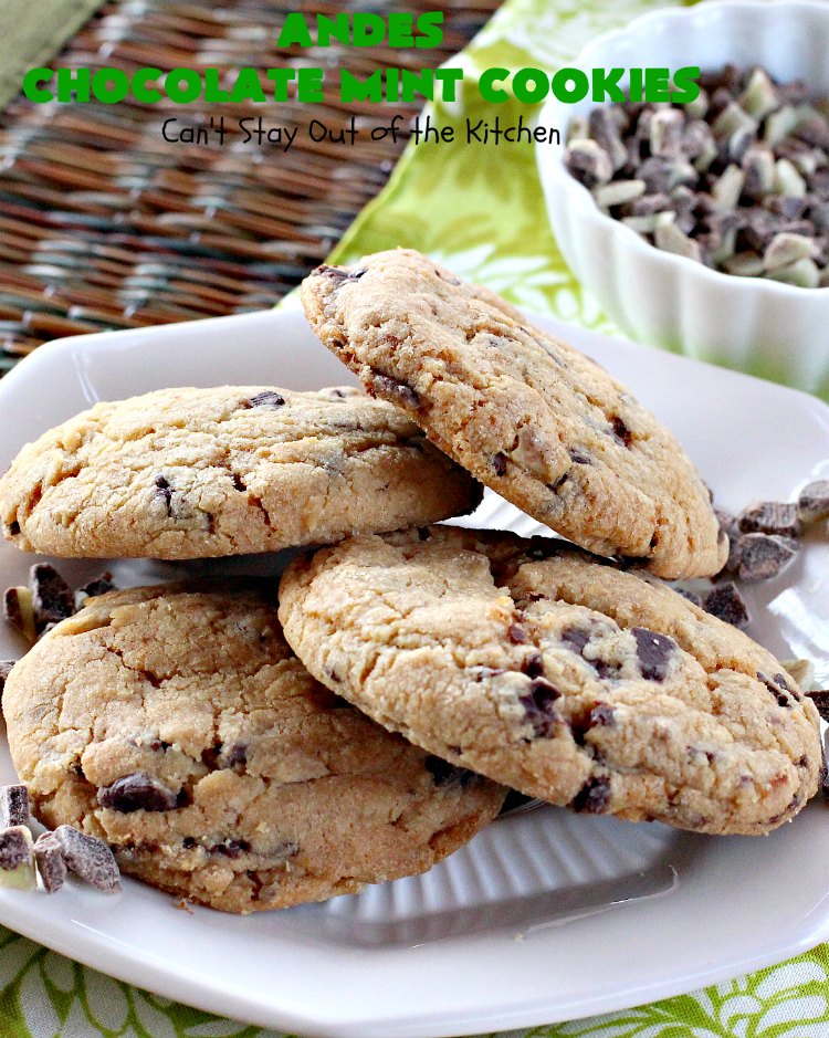 Andes Chocolate Mint Cookies | Can't Stay Out of the Kitchen | these spectacular #cookies start with #MrsFieldsChocolateChipCookie dough & add #AndesChocolateMints. They are rich, decadent & heavenly. If you enjoy the flavors of #chocolate & #mint, you'll adore this #dessert. #tailgating #ChocolateDessert #MintDessert #AndesChocolateMintCookies #ChristmasCookieExchange