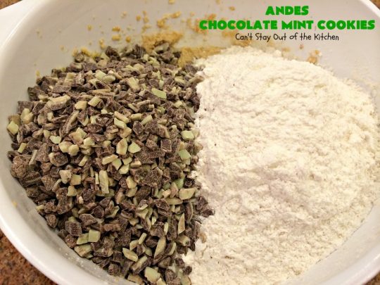 Andes Chocolate Mint Cookies | Can't Stay Out of the Kitchen | these spectacular #cookies start with #MrsFieldsChocolateChipCookie dough & add #AndesChocolateMints. They are rich, decadent & heavenly. If you enjoy the flavors of #chocolate & #mint, you'll adore this #dessert. #tailgating #ChocolateDessert #MintDessert #AndesChocolateMintCookies #ChristmasCookieExchange