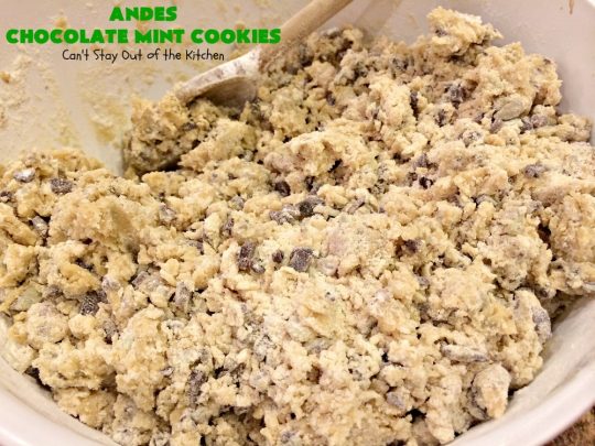 Andes Chocolate Mint Cookies | Can't Stay Out of the Kitchen | these spectacular #cookies start with #MrsFieldsChocolateChipCookie dough & add #AndesChocolateMints. They are rich, decadent & heavenly. If you enjoy the flavors of #chocolate & #mint, you'll adore this #dessert. #tailgating #ChocolateDessert #MintDessert #AndesChocolateMintCookies #ChristmasCookieExchange