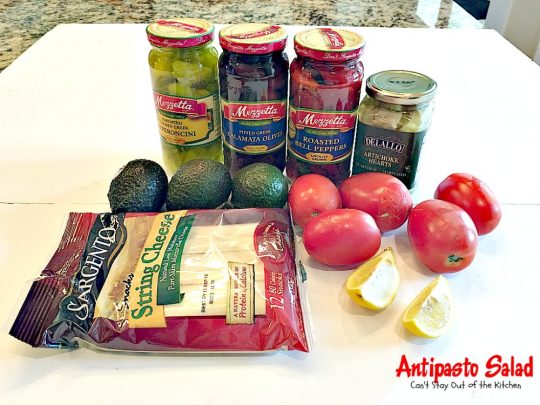 Antipasto Salad | Can't Stay Out of the Kitchen | this amazingly healthy #salad has a delicious, homemade #GreekSalad dressing. #avocados #pepperocinis #mozzarellacheese #glutenfree