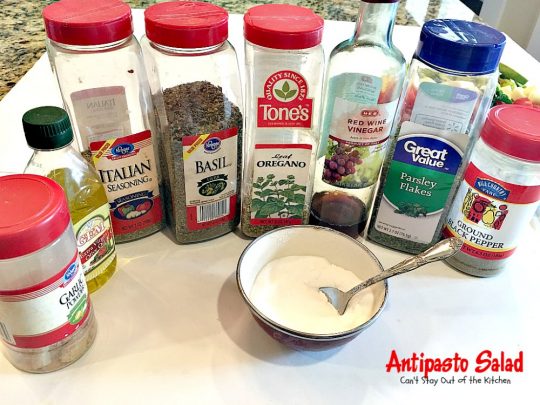 Antipasto Salad | Can't Stay Out of the Kitchen | this amazingly healthy #salad has a delicious, homemade #GreekSalad dressing. #avocados #pepperocinis #mozzarellacheese #glutenfree