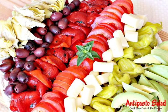 Antipasto Salad | Can't Stay Out of the Kitchen | this amazingly healthy #salad has a delicious, homemade #GreekSalad dressing. #avocados #pepperocinis #mozzarellacheese #glutenfree