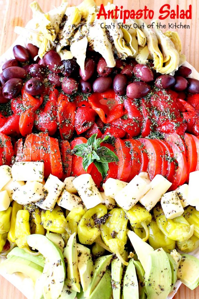 Antipasto Salad | Can't Stay Out of the Kitchen | this amazingly healthy #salad has a delicious, homemade #GreekSalad dressing. #avocados #pepperocinis #mozzarellacheese #glutenfree
