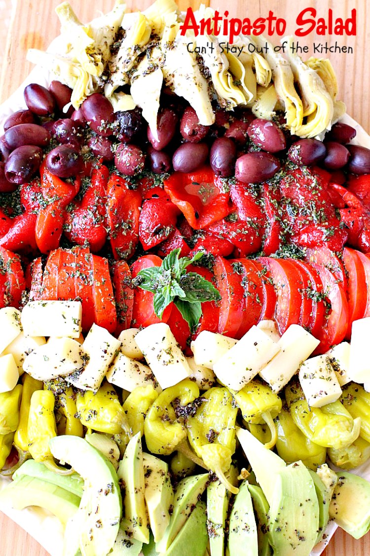 Antipasto Salad | Can't Stay Out of the Kitchen | this amazingly healthy #salad has a delicious, homemade #GreekSalad dressing. #avocados #pepperocinis #mozzarellacheese #glutenfree