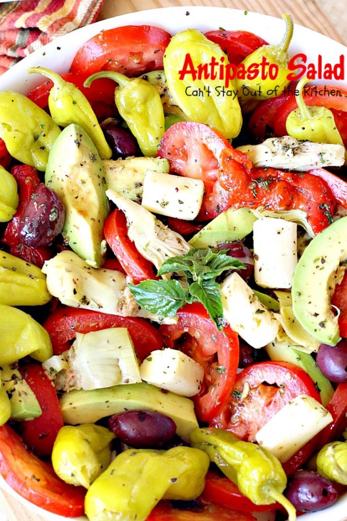 Antipasto Salad | Can't Stay Out of the Kitchen | this amazingly healthy #salad has a delicious, homemade #GreekSalad dressing. #avocados #pepperocinis #mozzarellacheese #glutenfree
