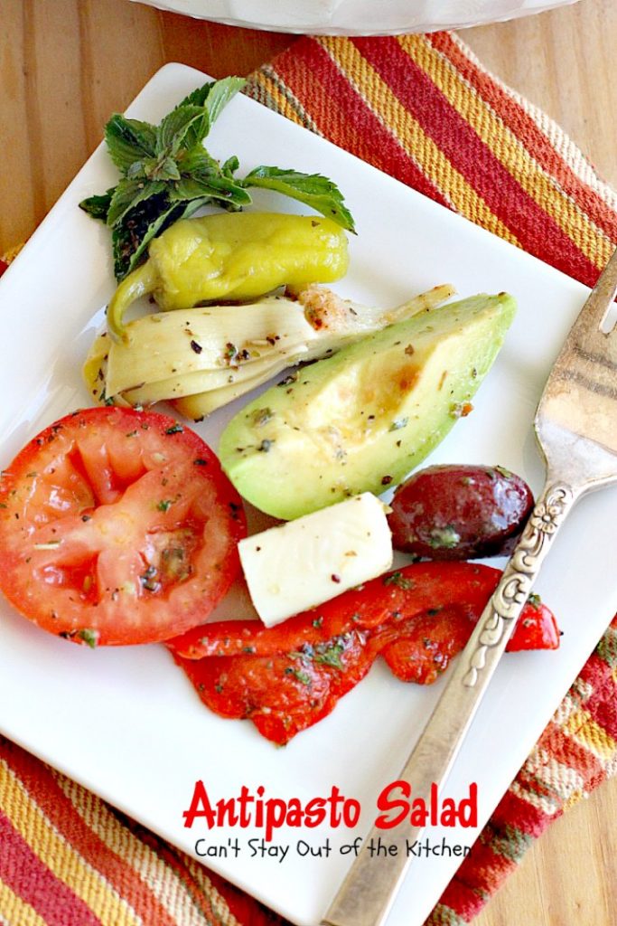 Antipasto Salad | Can't Stay Out of the Kitchen | this amazingly healthy #salad has a delicious, homemade #GreekSalad dressing. #avocados #pepperocinis #mozzarellacheese #glutenfree