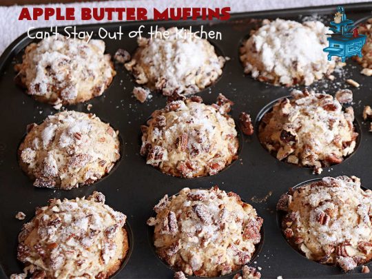 Apple Butter Muffins | Can't Stay Out of the Kitchen | Prepare to drool over these outstanding #muffins. They taste just like #CinnamonToastCrunch on top and #ApplePie in the middle! Every bite is rich, decadent & heavenly. Terrific for a weekend, company or #holiday #breakfast or #brunch. You won't be able to gobble them up fast enough! #AppleButter #pecans #BreakfastMuffins #HolidayMuffins #AppleButterMuffins