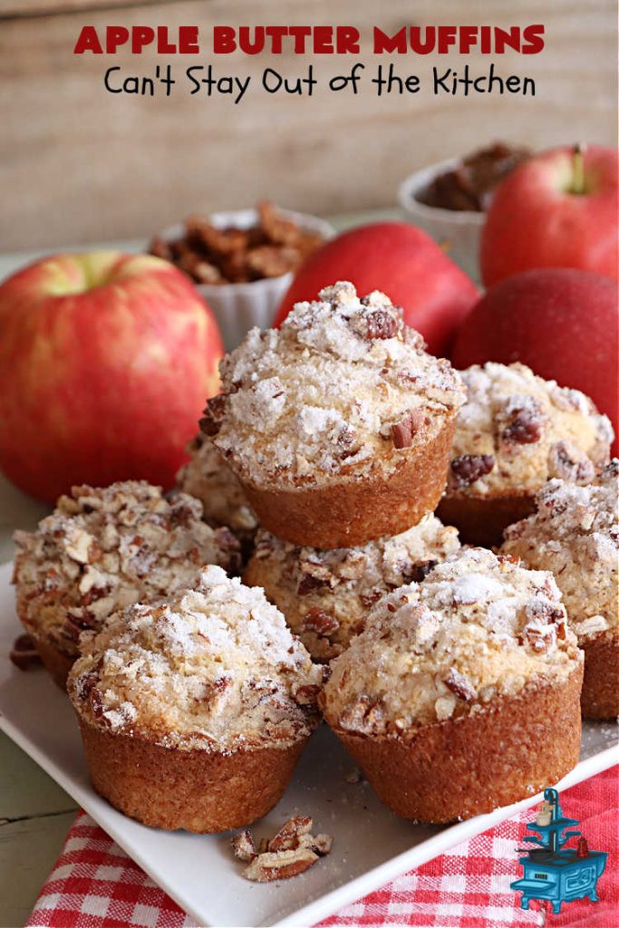 Apple Butter Muffins | Can't Stay Out of the Kitchen | Prepare to drool over these outstanding #muffins. They taste just like #CinnamonToastCrunch on top and #ApplePie in the middle! Every bite is rich, decadent & heavenly. Terrific for a weekend, company or #holiday #breakfast or #brunch. You won't be able to gobble them up fast enough! #AppleButter #pecans #BreakfastMuffins #HolidayMuffins #AppleButterMuffins
