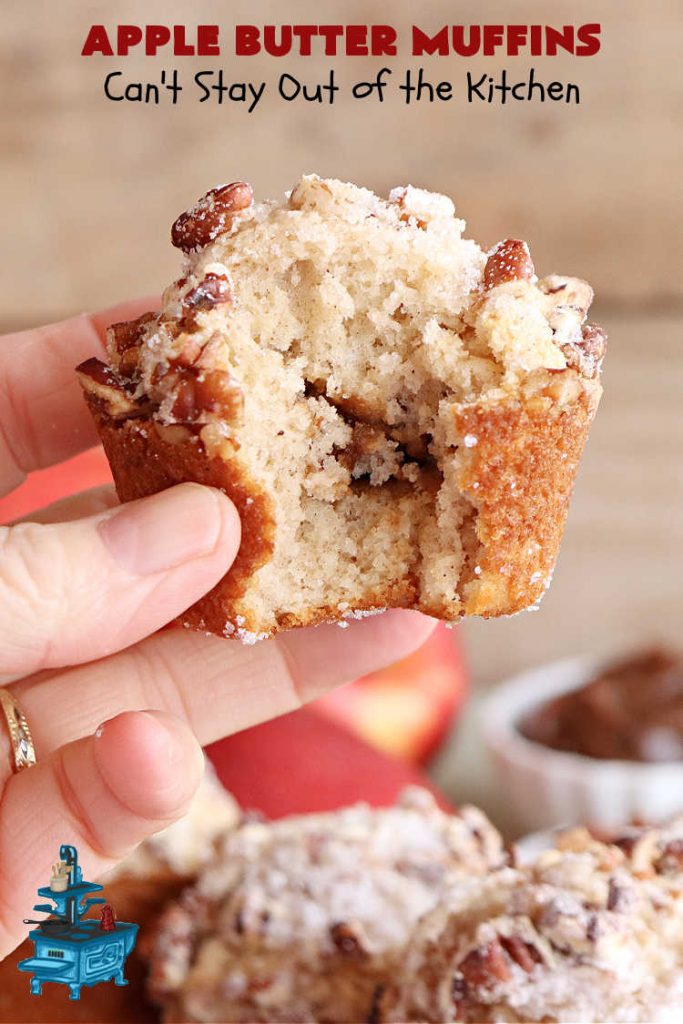 Apple Butter Muffins | Can't Stay Out of the Kitchen | Prepare to drool over these outstanding #muffins. They taste just like #CinnamonToastCrunch on top and #ApplePie in the middle! Every bite is rich, decadent & heavenly. Terrific for a weekend, company or #holiday #breakfast or #brunch. You won't be able to gobble them up fast enough! #AppleButter #pecans #BreakfastMuffins #HolidayMuffins #AppleButterMuffins