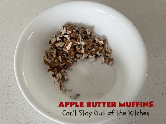 Apple Butter Muffins | Can't Stay Out of the Kitchen | Prepare to drool over these outstanding #muffins. They taste just like #CinnamonToastCrunch on top and #ApplePie in the middle! Every bite is rich, decadent & heavenly. Terrific for a weekend, company or #holiday #breakfast or #brunch. You won't be able to gobble them up fast enough! #AppleButter #pecans #BreakfastMuffins #HolidayMuffins #AppleButterMuffins