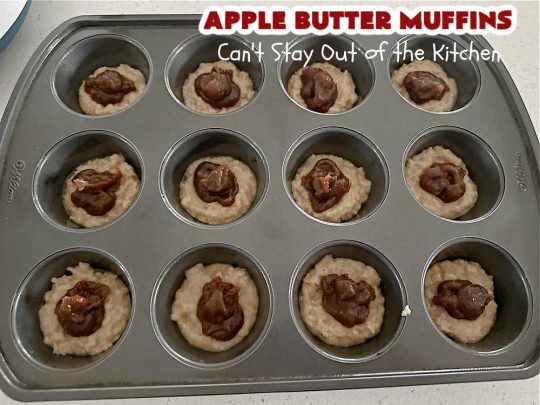 Apple Butter Muffins | Can't Stay Out of the Kitchen | Prepare to drool over these outstanding #muffins. They taste just like #CinnamonToastCrunch on top and #ApplePie in the middle! Every bite is rich, decadent & heavenly. Terrific for a weekend, company or #holiday #breakfast or #brunch. You won't be able to gobble them up fast enough! #AppleButter #pecans #BreakfastMuffins #HolidayMuffins #AppleButterMuffins