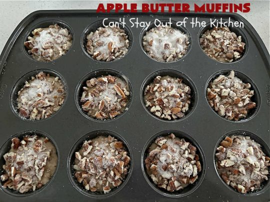 Apple Butter Muffins | Can't Stay Out of the Kitchen | Prepare to drool over these outstanding #muffins. They taste just like #CinnamonToastCrunch on top and #ApplePie in the middle! Every bite is rich, decadent & heavenly. Terrific for a weekend, company or #holiday #breakfast or #brunch. You won't be able to gobble them up fast enough! #AppleButter #pecans #BreakfastMuffins #HolidayMuffins #AppleButterMuffins