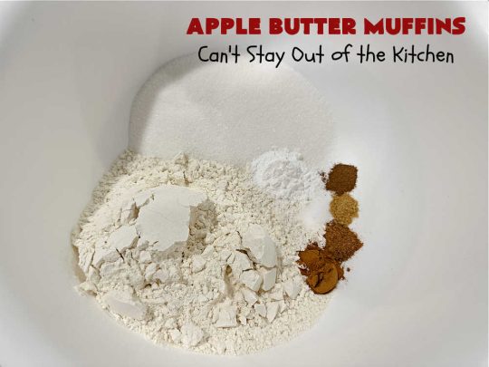 Apple Butter Muffins | Can't Stay Out of the Kitchen | Prepare to drool over these outstanding #muffins. They taste just like #CinnamonToastCrunch on top and #ApplePie in the middle! Every bite is rich, decadent & heavenly. Terrific for a weekend, company or #holiday #breakfast or #brunch. You won't be able to gobble them up fast enough! #AppleButter #pecans #BreakfastMuffins #HolidayMuffins #AppleButterMuffins