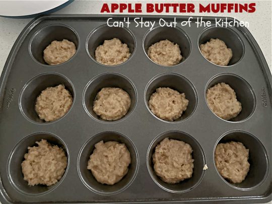 Apple Butter Muffins | Can't Stay Out of the Kitchen | Prepare to drool over these outstanding #muffins. They taste just like #CinnamonToastCrunch on top and #ApplePie in the middle! Every bite is rich, decadent & heavenly. Terrific for a weekend, company or #holiday #breakfast or #brunch. You won't be able to gobble them up fast enough! #AppleButter #pecans #BreakfastMuffins #HolidayMuffins #AppleButterMuffins