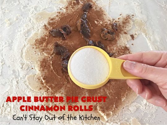 Apple Butter Pie Crust Cinnamon Rolls | Can't Stay Out of the Kitchen | these spectacular #CinnamonRolls are absolutely breathtaking! They're made from #PieCrust and filled with #AppleButter & #cinnamon. Great for #breakfast, snacks or for #dessert. Every bite will rock your world! #apples #PieCrustCinnamonRolls #HolidayBreakfast #AppleButterPieCrustCinnamonRolls