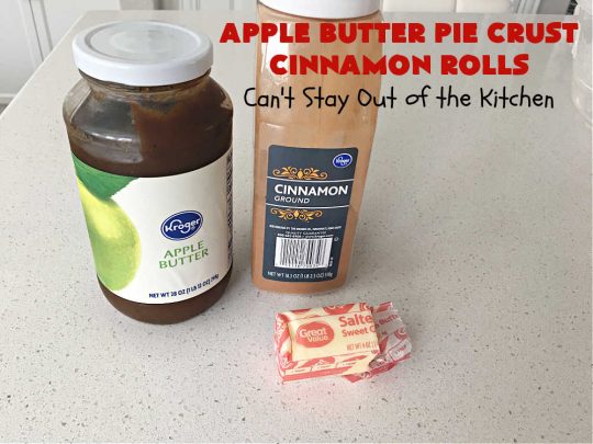 Apple Butter Pie Crust Cinnamon Rolls | Can't Stay Out of the Kitchen | these spectacular #CinnamonRolls are absolutely breathtaking! They're made from #PieCrust and filled with #AppleButter & #cinnamon. Great for #breakfast, snacks or for #dessert. Every bite will rock your world! #apples #PieCrustCinnamonRolls #HolidayBreakfast #AppleButterPieCrustCinnamonRolls